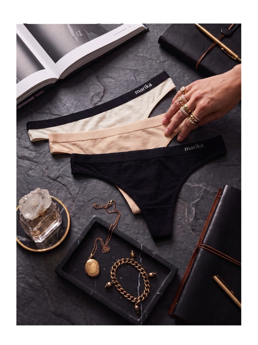 new Marika ᯾ 3PK Ribbed Contrast Stripe Thongs ᯾ Cream Nude Black ᯾ M L XL